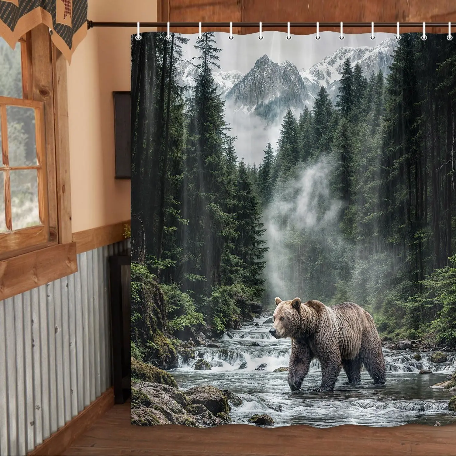Creek Shower Curtain with Bear, Rustic Nature Landscape Woodland Wildlife Bath Curtain Country Forest Natural Scenery Outdoors