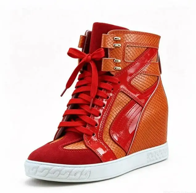 Roman Contrast Leather Suede Patchwork Inner Wedge Ankle Boots 8Cm Height Increased Thick Sole Lace-Up Mixed Color Shoes