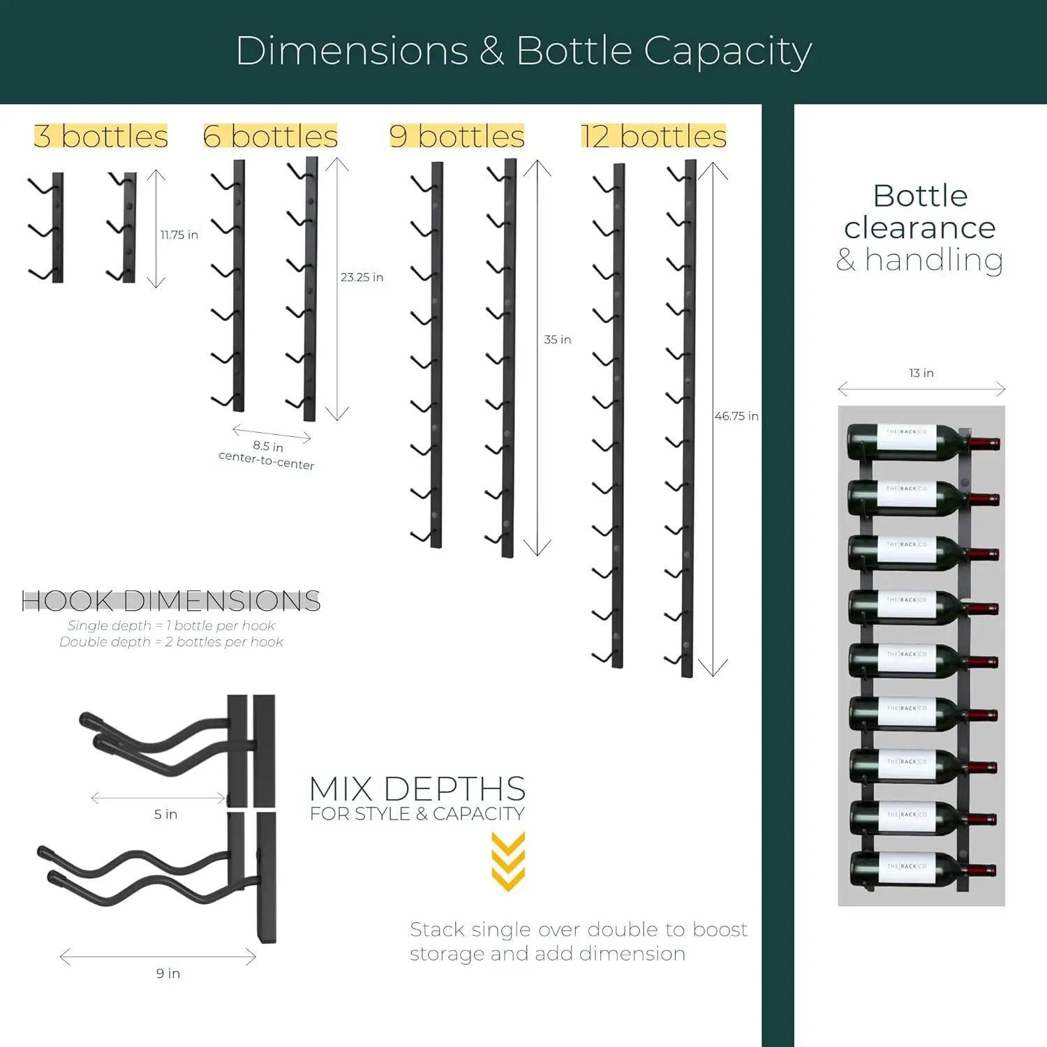 9-Bottle Wall Mounted Wine Rack with Label View - Steel Satin Finish Storage