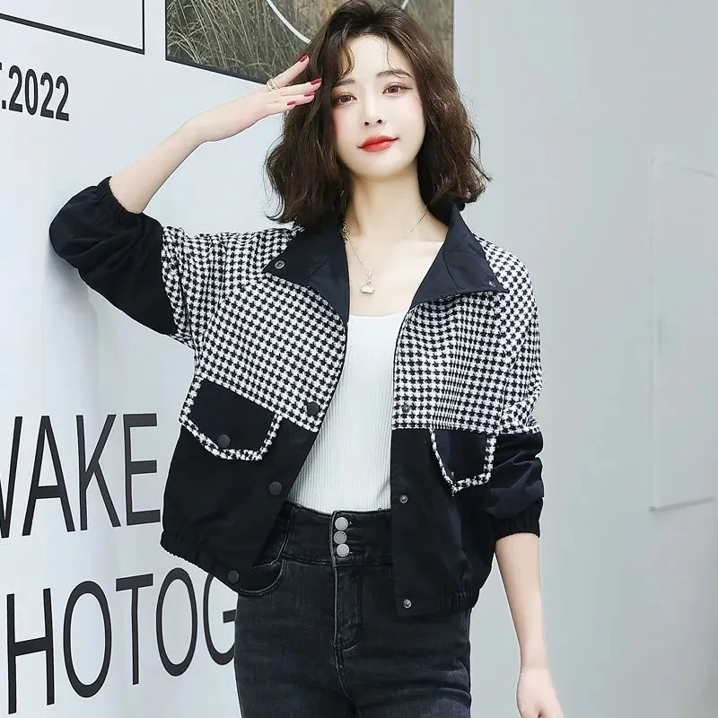 Women's Spring Autumn Short Ladies Coats New Houndstooth Color Matching Wild Jackets Pockets Button Casual Baseball Uniform