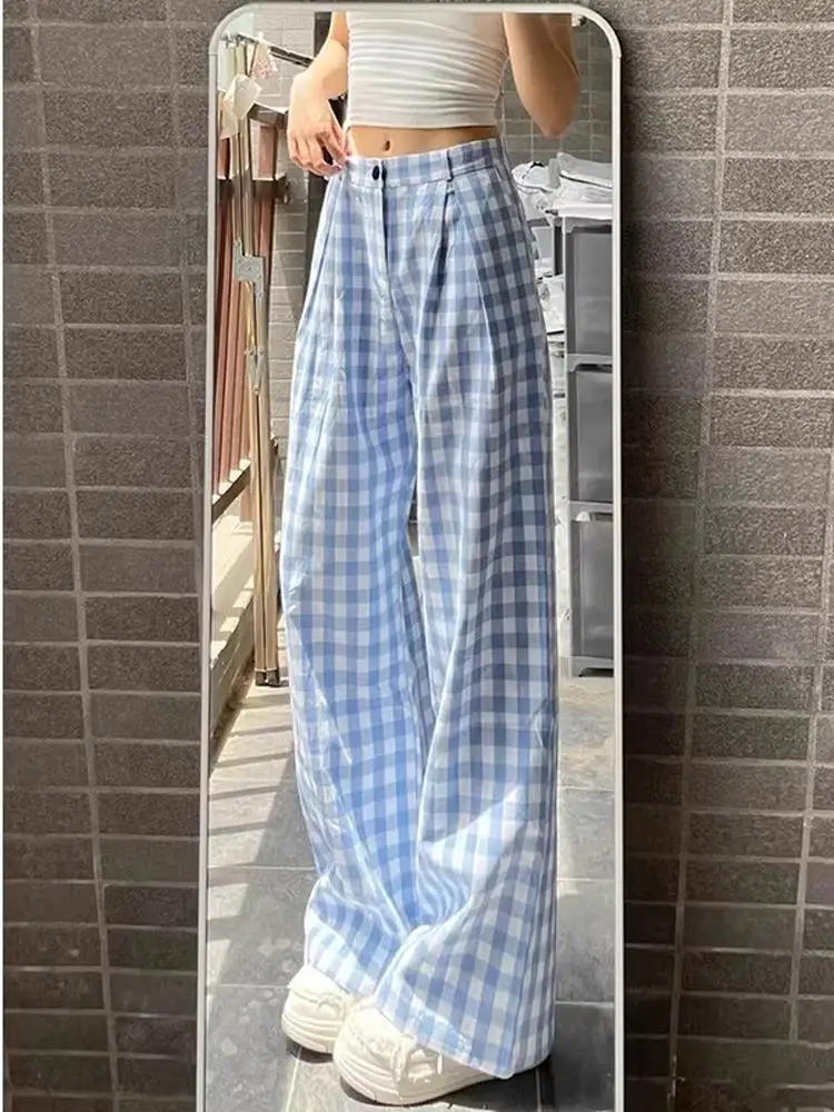 

Синие с белым клетчатым узором летние тонкие прямые брюки свободного кроя с защитой от солнца для пляжа, повседневные брюки для мужчин и женщин