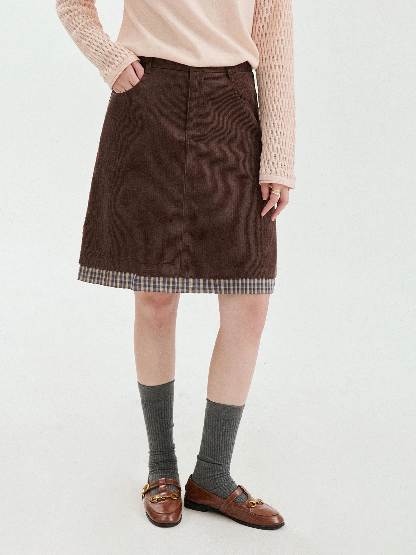 North Island AMUU Original Patchwork Plaid Pure Cotton Corduroy A-Line  Skirt Women's Autumn New Style High Waist Skirt