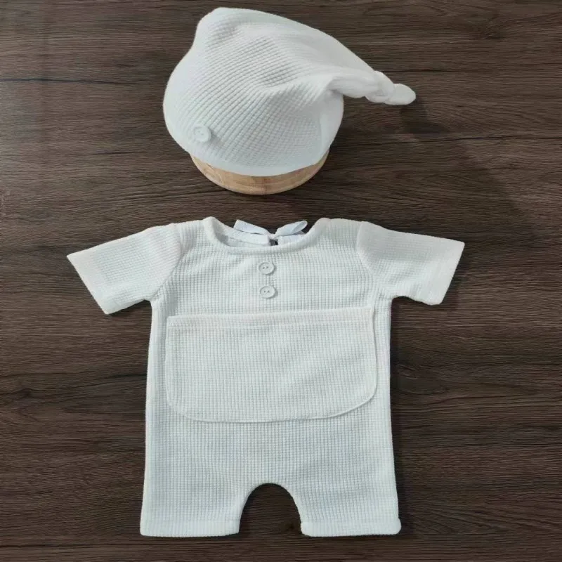 Newborn Infant Photography Clothing White Hat+Jumpsuits 2Pcs/Set Studio Baby Photo Props Accessories Fotografia Clothes Outfits