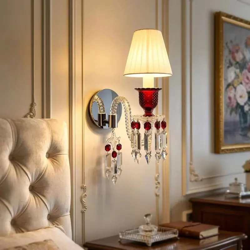 European Luxury Crystal Wall Sconce Fabric Wall Lamp Bedroom Bedside Wall Light for Living Room Hotel Corridor Home Decor ﻿