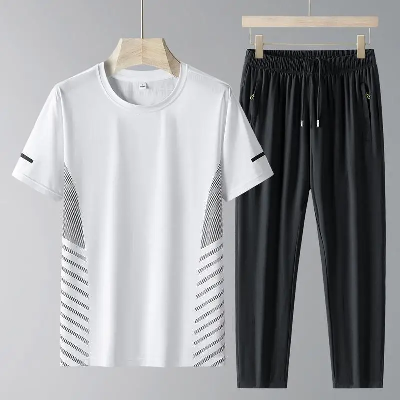 Fashion Summer New Quick Dry Striped Sports Sets Short Sleeved T-shirt Men Elastic Waited Straight Casual Trousers Thin Suit