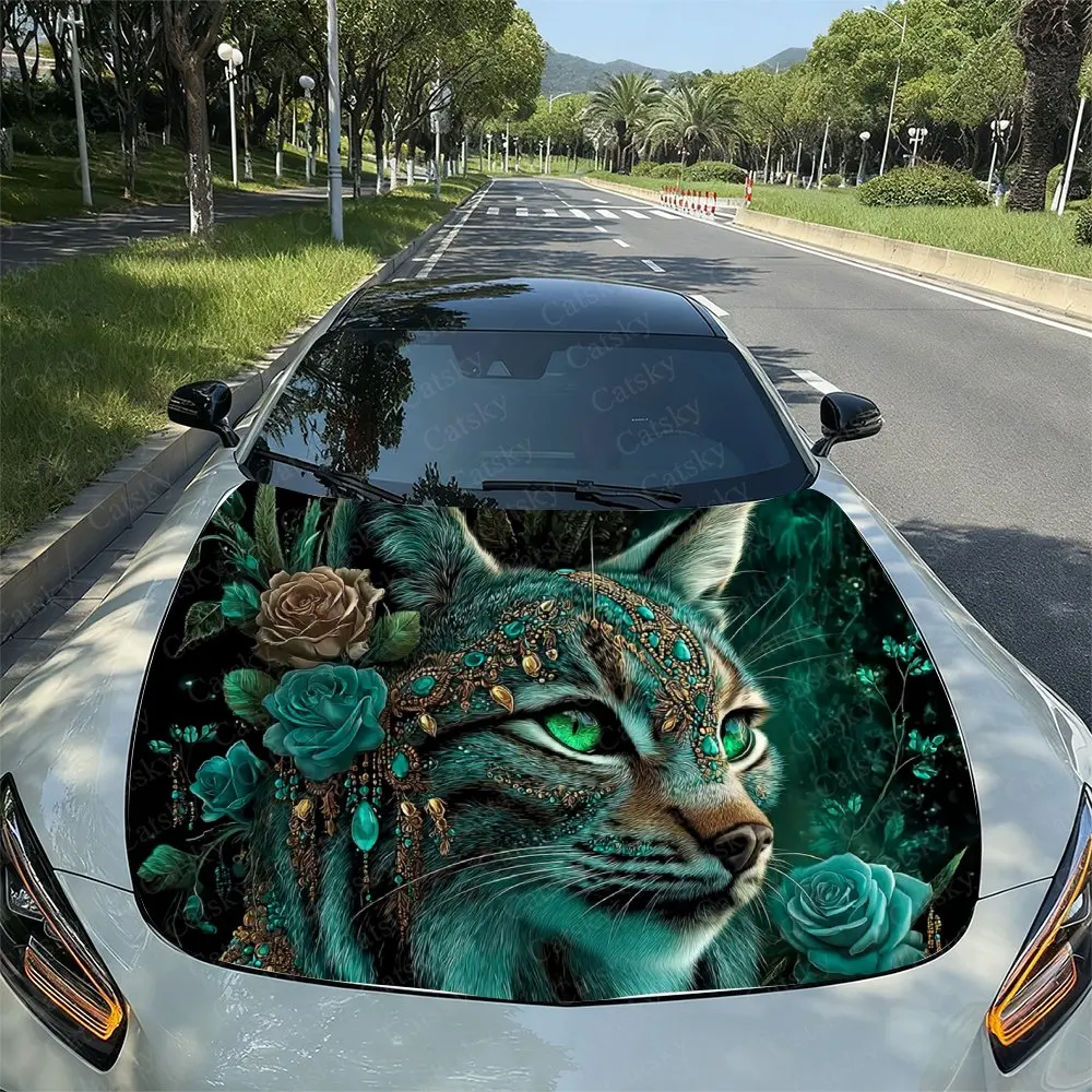 

Car Hood Film,Green Eyed Dreamy Lynx Pattern Car Sticker-suitable For Most Car Models Of Vinyl Film,external Accessories;Bubble