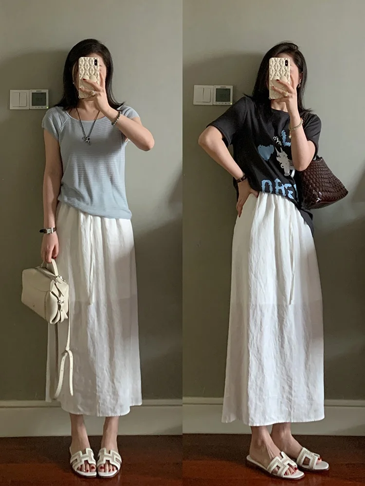 

Льняная юбка Summer Bubble Feel 00% с разрезом, универсальная, цветная, с высокой талией, А-силуэт, свободный крой, для повседневной носки, женская