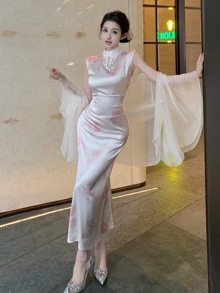 Retro Chinese Style Floral Print Sleeveless Slimming Sun Protection Dress And Cardigan Set Elegant And Fashionable Long Qipao