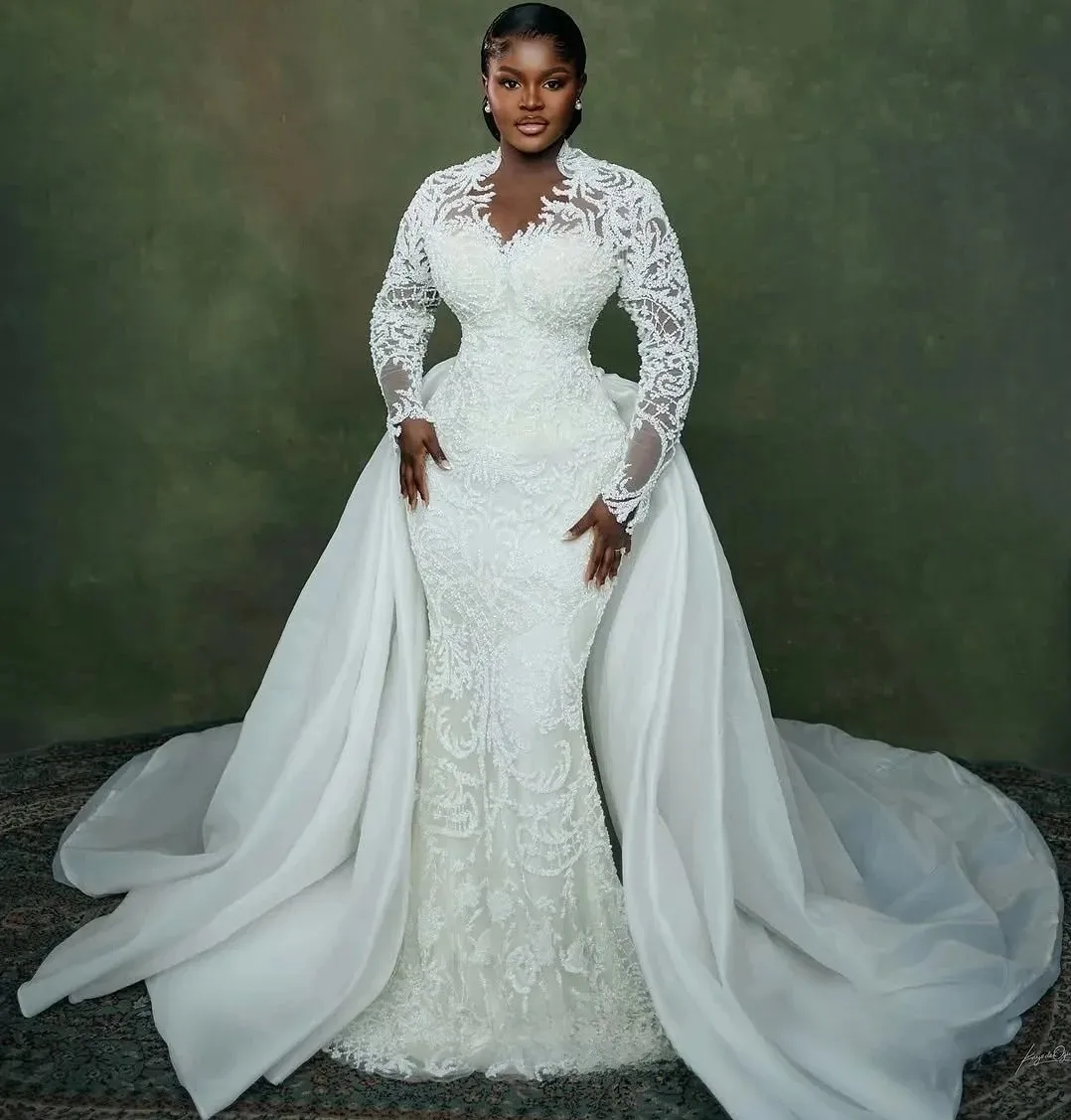 

African Plus Size Mermaid Wedding Dress Bridal Gowns for Bride Illusion Detachable Train Long Sleeves Beaded Lace Crystals