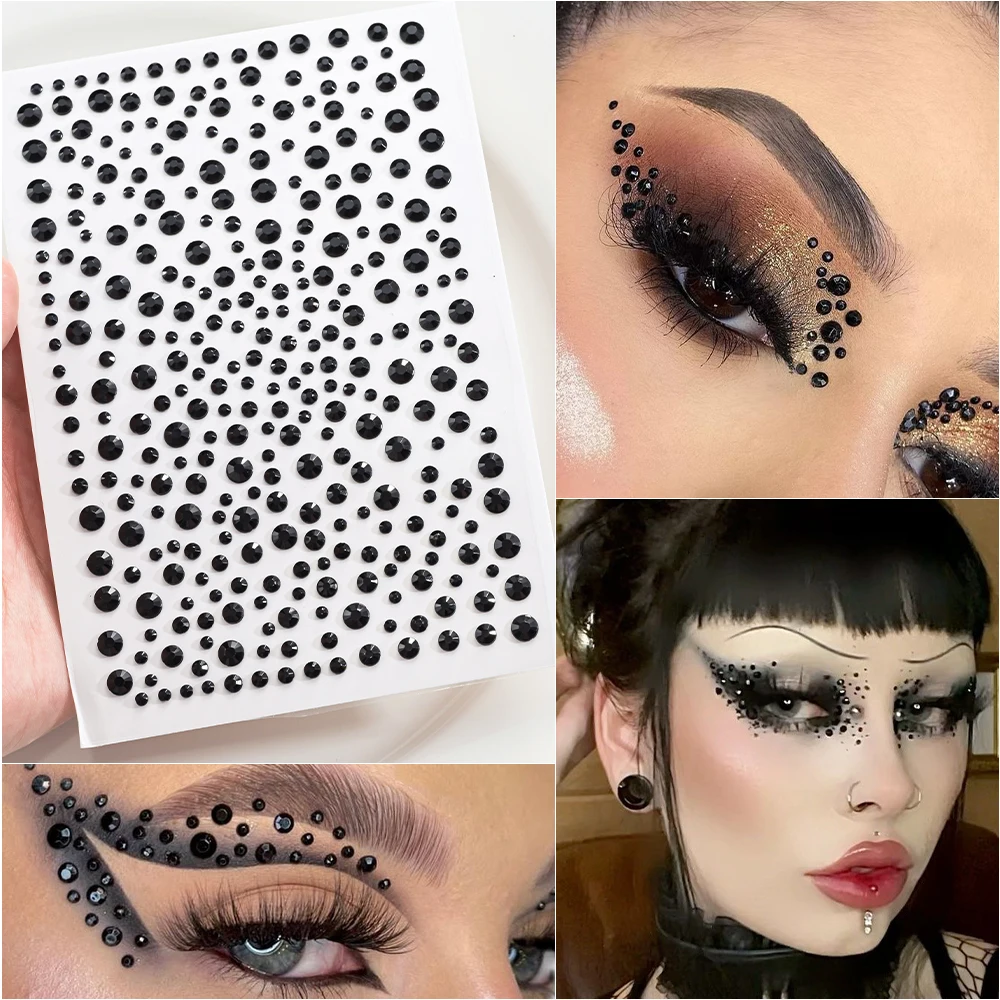 1pcs Black 3D Rhinestone Face Stickers Makeup Festival Jewel Rhinestone Adhesive Temporary Tattoo DIY Gem Stickers for Halloween