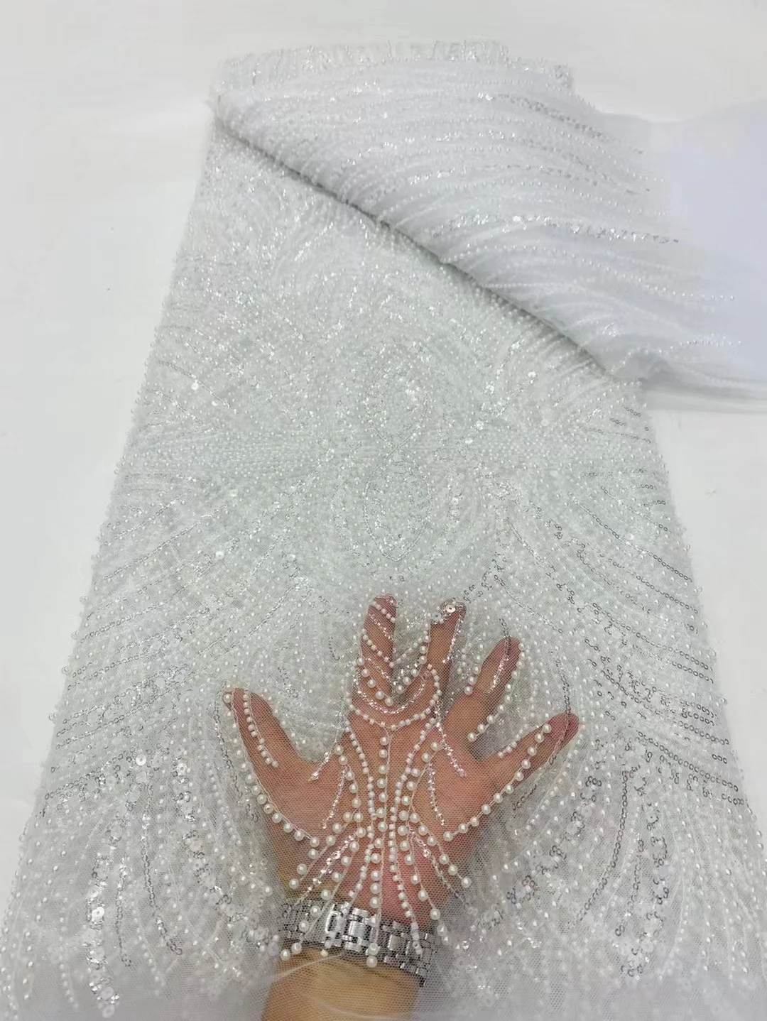 

Latest Luxury Beaded African Lace Fabric 2024 High Quality Sequins French Handmade Beads Lace Fabric For Wedding Party DP
