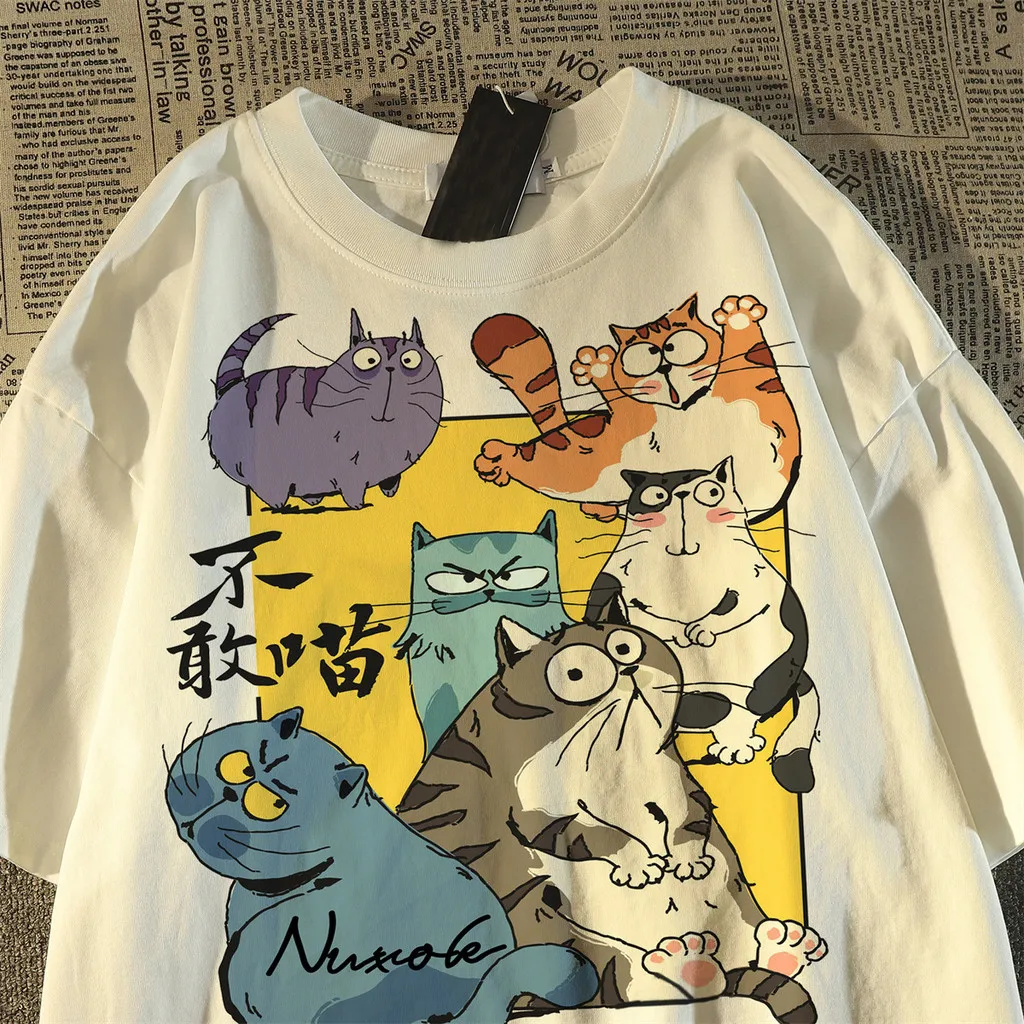 Summer Cartoon Tiger Print Short Sleeve T-shirt Harajuku Retro Style Men's and Women's Loose Collar Top