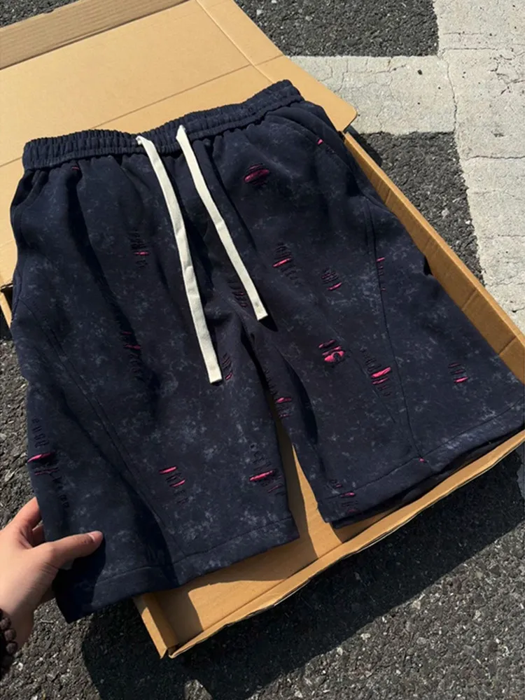 

Trendy Men's Short Pants Summer Casual Loose Fit Elastic Waist Dyeing Sports Style Blue Denim Straight Leg Knee-Length