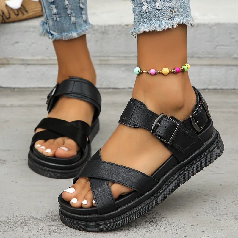 New Black Open Toe Flatform Wedges Shoes Woman Summer Beach Sandals Sexy Women Plus Size PU Leather Sandalias Plus Size 43