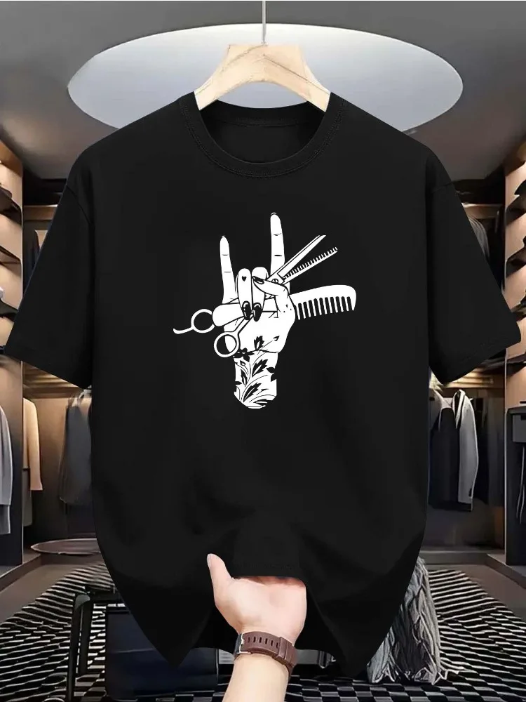 Mens Soft Cotton Tee Barber Rock Hand Scissors Comb Print Gift For Hair Stylist Salon Staff Casual Male Daily Short Sleeve Top