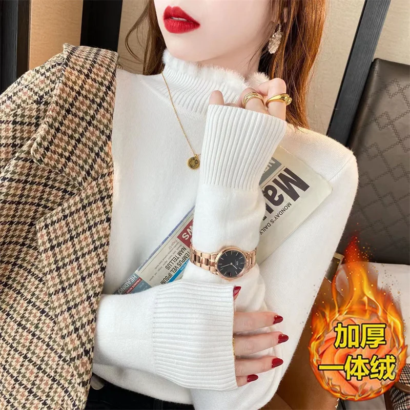 High Stretch White Sweater 2023 New Explosive Winter Thickened Fleece Undercoat Women In Autumn Winter With High-grade Sense