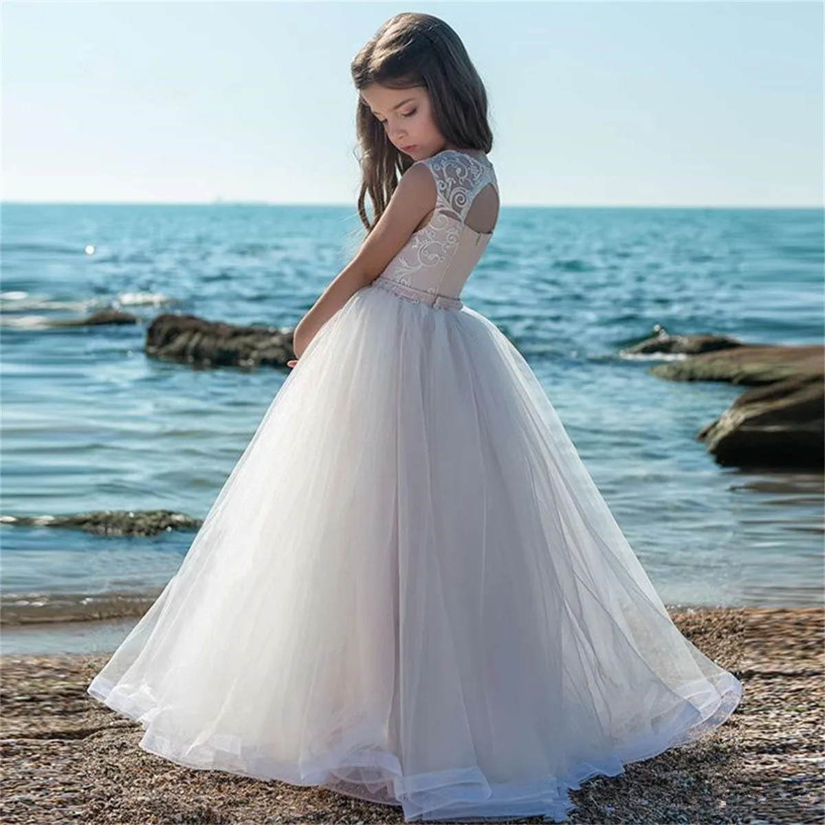 Flower Girl Tulle Open Back Dress, vestido personalizado celebração do baile da eucaristia infantil