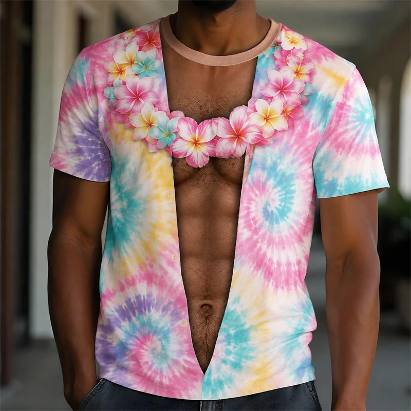 Funny 3D Printed Fake Muscle Belly T Shirt Men Flower Short Sleeve Top Colorfull Swirl Casual Summer Tee Beach Trip Pool Party