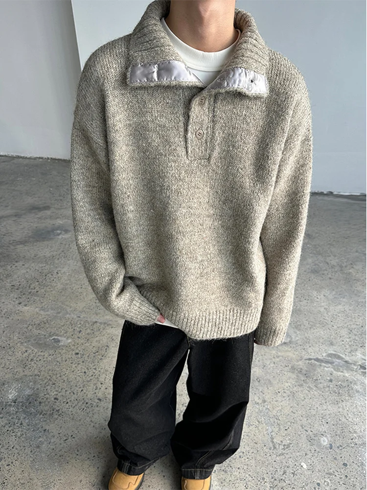 

American Retro Lazy Casual Loose Button High Collar Men's Winter Warm Knitwear Casual Sle Long Sve Sweatirt