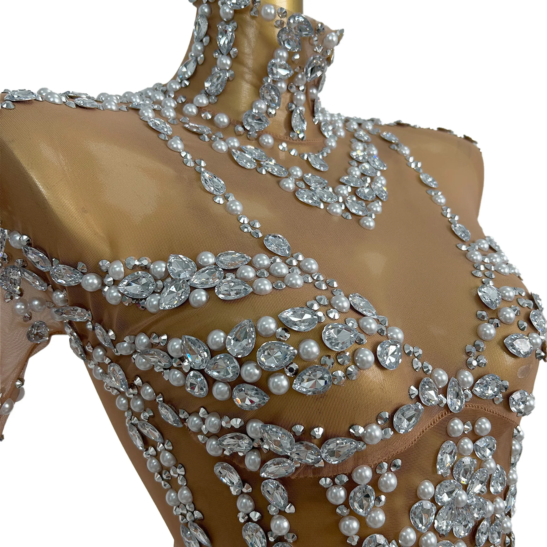 Elegancka sukienka Maozhua dla kobiet, biała, z siateczki, z puszystymi rękawami, błyszcząca, z dżetami i perłami, przezroczysta spódnica z siateczki, sukienka do tańca w stylu gwiazd.