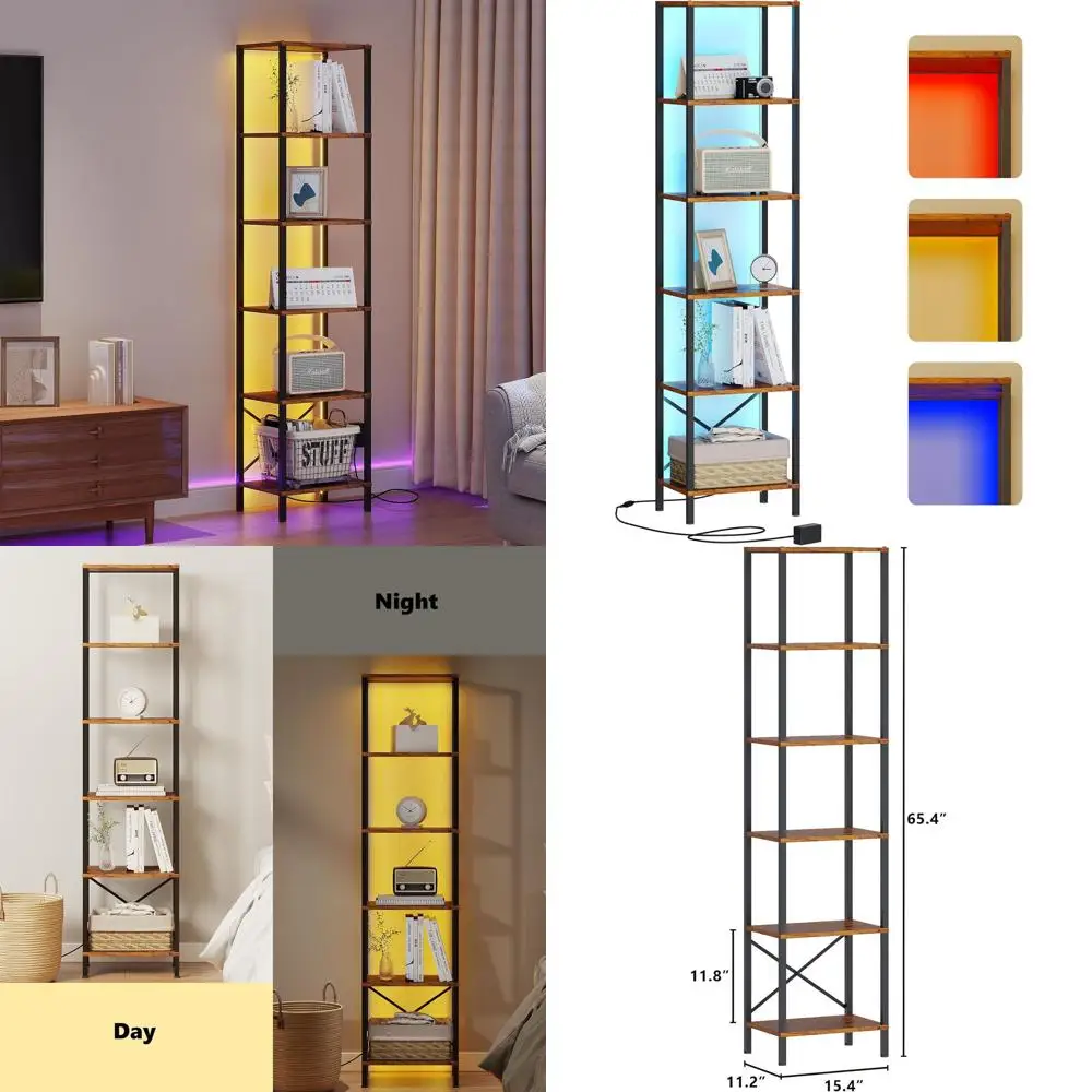

Высокий узкий книжный шкаф на 6 полок со светодиодной подсветкой, стальная стеллажная система для хранения для гостиной, спальни, домашнего офиса, кабинета, балкона - R