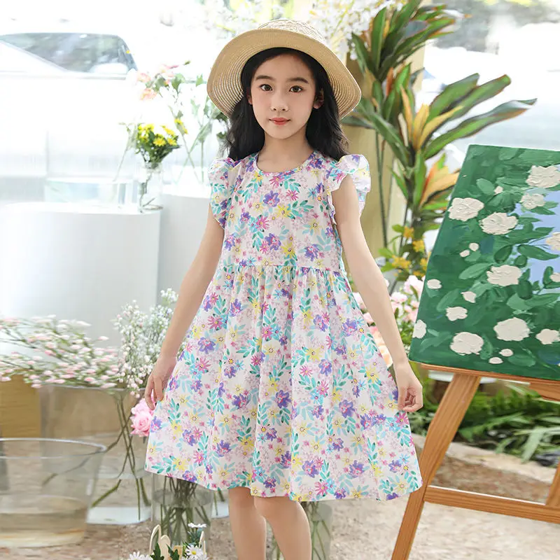 

Elegant Fashion Harajuku All Match Children Clothes Loose Casual All Match Princess Skirt Thin Style Short Sleeve Floral Skirt