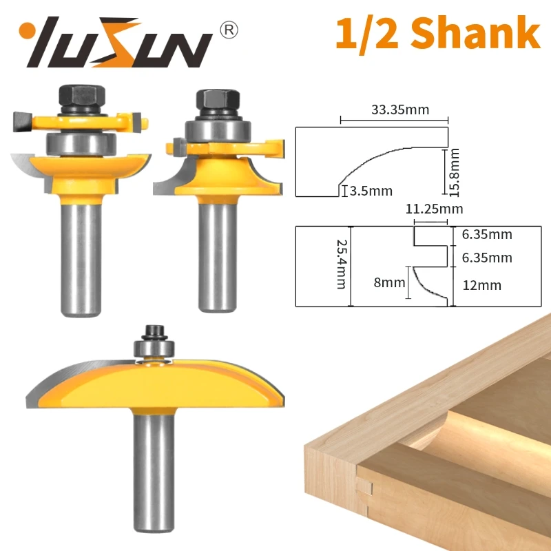 YUSUN 12.7SHANK 3PCS CABINET DOOR SET ROUND STYLE RouterBit CarbideCuttersWoodworking Milling CutterForWood Bit Face MillEndMill