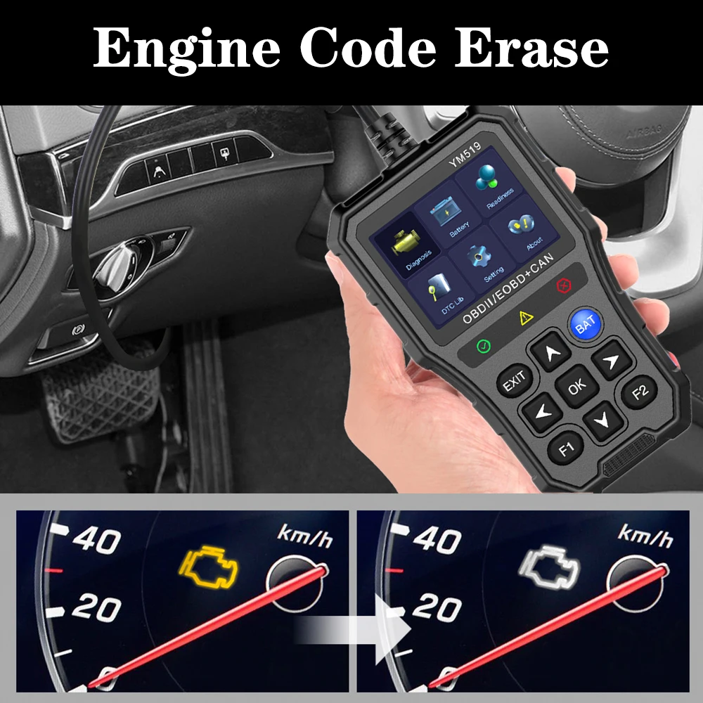 Code Reader Battery Tester Car Diagnostic Tool OBD2 Code Reader YM519 Check Engine System Multi-language Fault Code Scanner