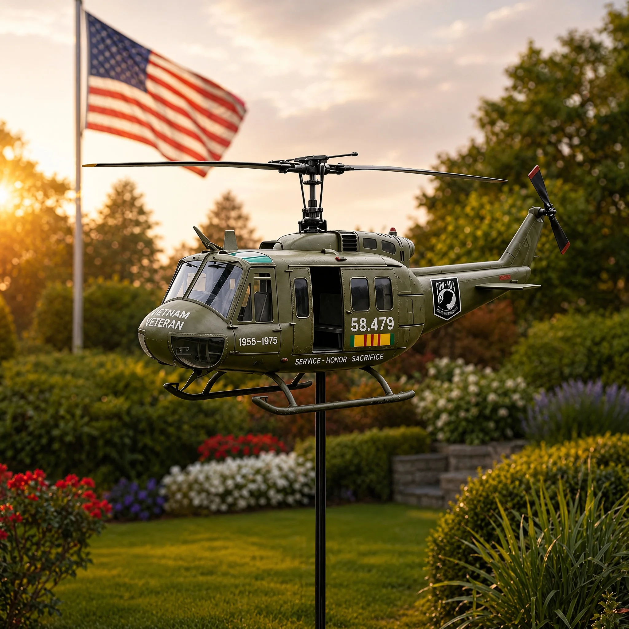 Metal Patriotic Helicopter Windmill Stake with Spinning Propeller Outdoor Airplane Sculptures Ornament for Patio Garden Decor