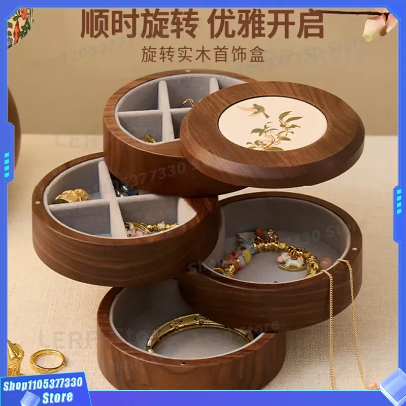 Premium Black Walnut Rotary Jewelry Box Multi-layer Grid Storage for Earrings Necklace Ring Elegant Wooden Organizer Display