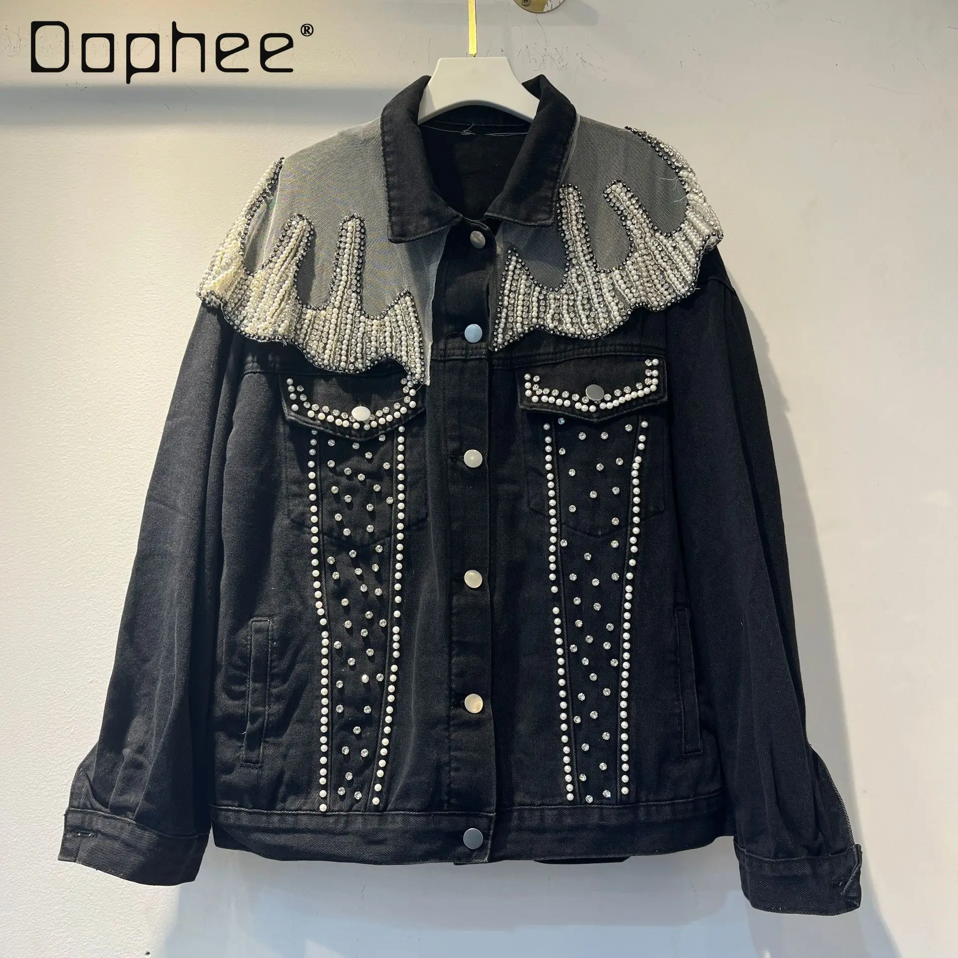 

2026 Spring New European Style Trendy Denim Jackets for Women Heavy Craft Beaded Rhinestone Turn-down Collar Slim Trendy Coat