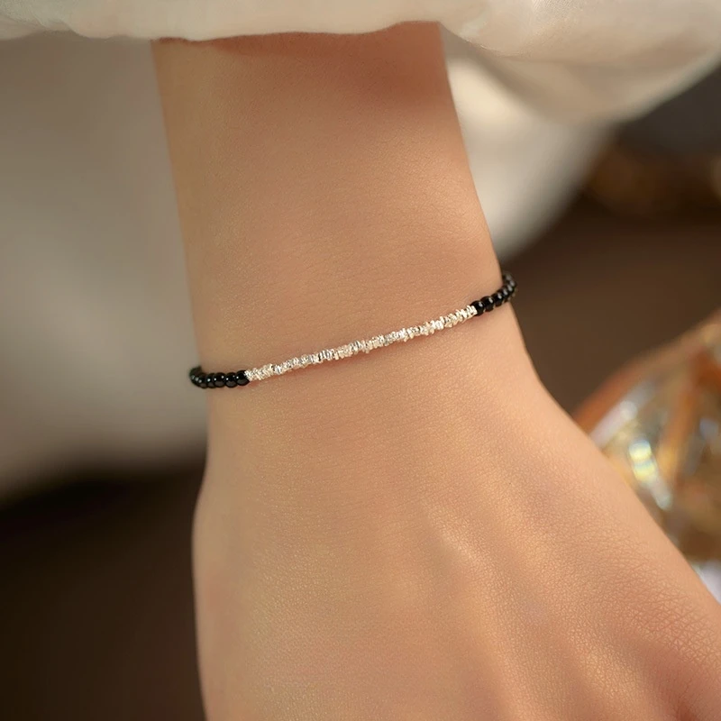 

Trendy Glaring Black Agate Beads 925 Sterling Silver Bracelet For Women Beautiful Girls Gift Charm Jewelry