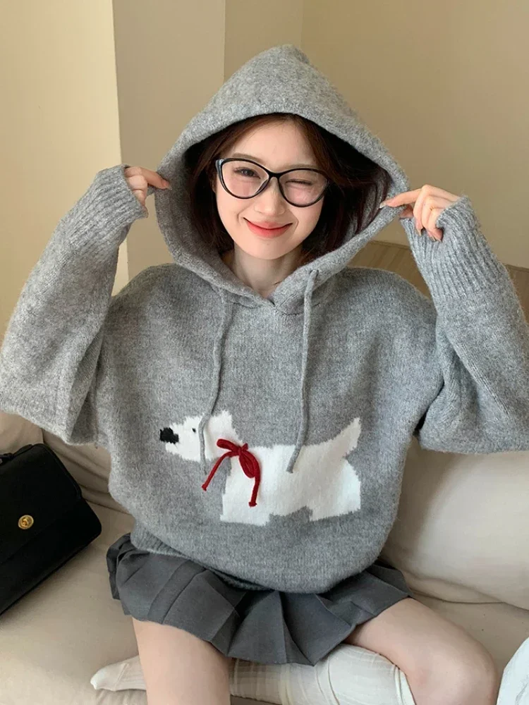

Dog Printing Pullovers Women Autumn Winter Hooded Knitted Sweater Gentle Sweet Girls Ulzzang Fashion Warm High Street Jumpers