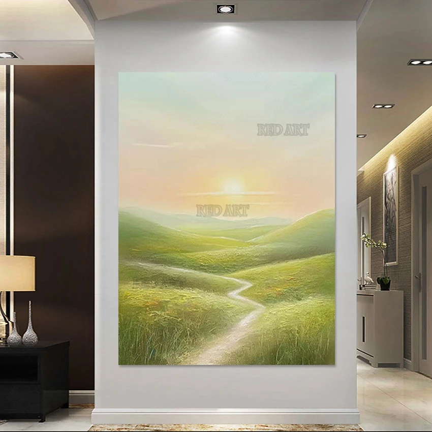 Landscape Canvas Wall Decor, Picture Art, Hand-painted Abstract, Oil Painting, Panel Set, Grassland Sunrise,Hotel Corridor Decor