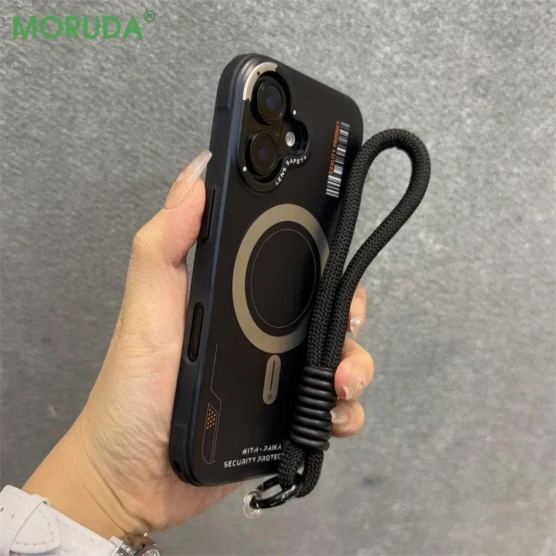 Luxury Matte Magnetic Business Magsafe Case for iPhone 16 13 14 15 Pro Max Fashion Wrist Strap Wireless Charge Shockproof Cover