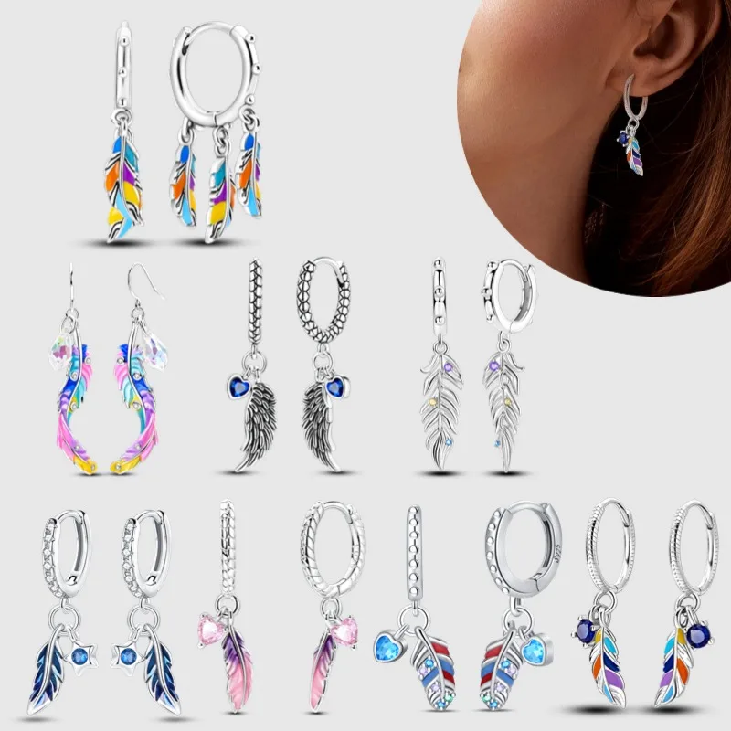 New 925 Silver Dream catcher Colorful Feather Earrings Series Suitable for Women's Wedding Engagement Gifts Personalization