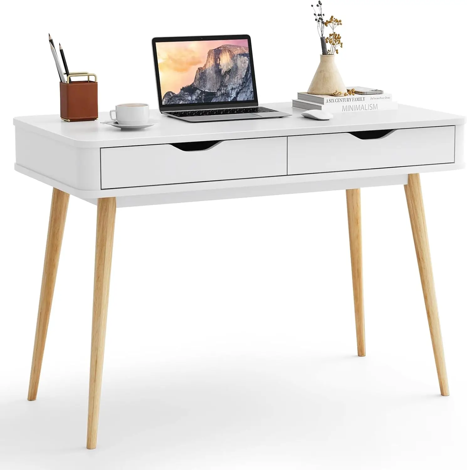

！@Combohome Mid Century Desk with 2 Storage Drawers Modern Writing Study Desk with Rubber Wood Legs Home Office Study Desk