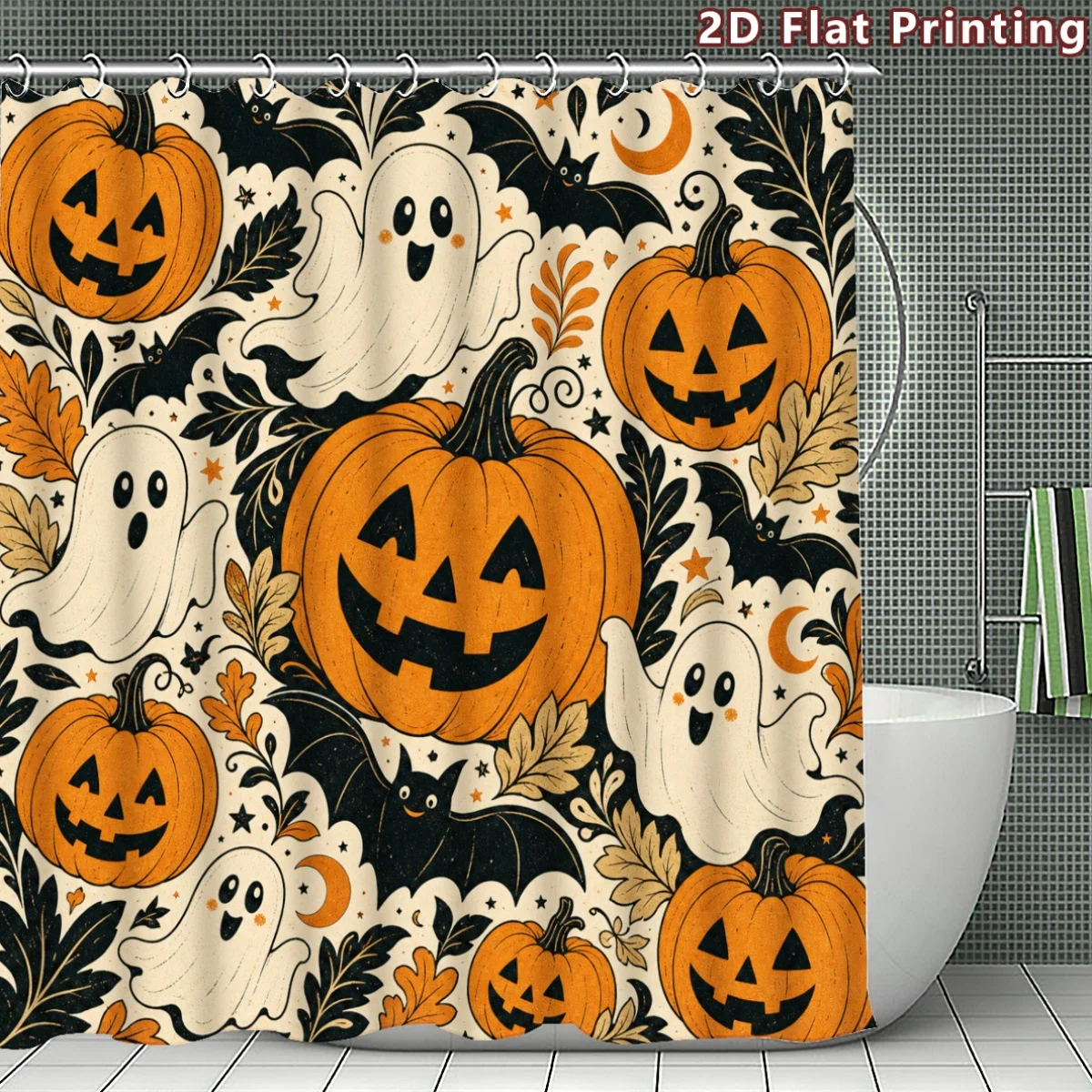 2D Flat, 1pc 2D Flat Halloween Cute Ghost Pumpkin Bat Shower Curtain, Bathroom Decor, Multi-Size Options 31.5X70.87inch 47.24X70