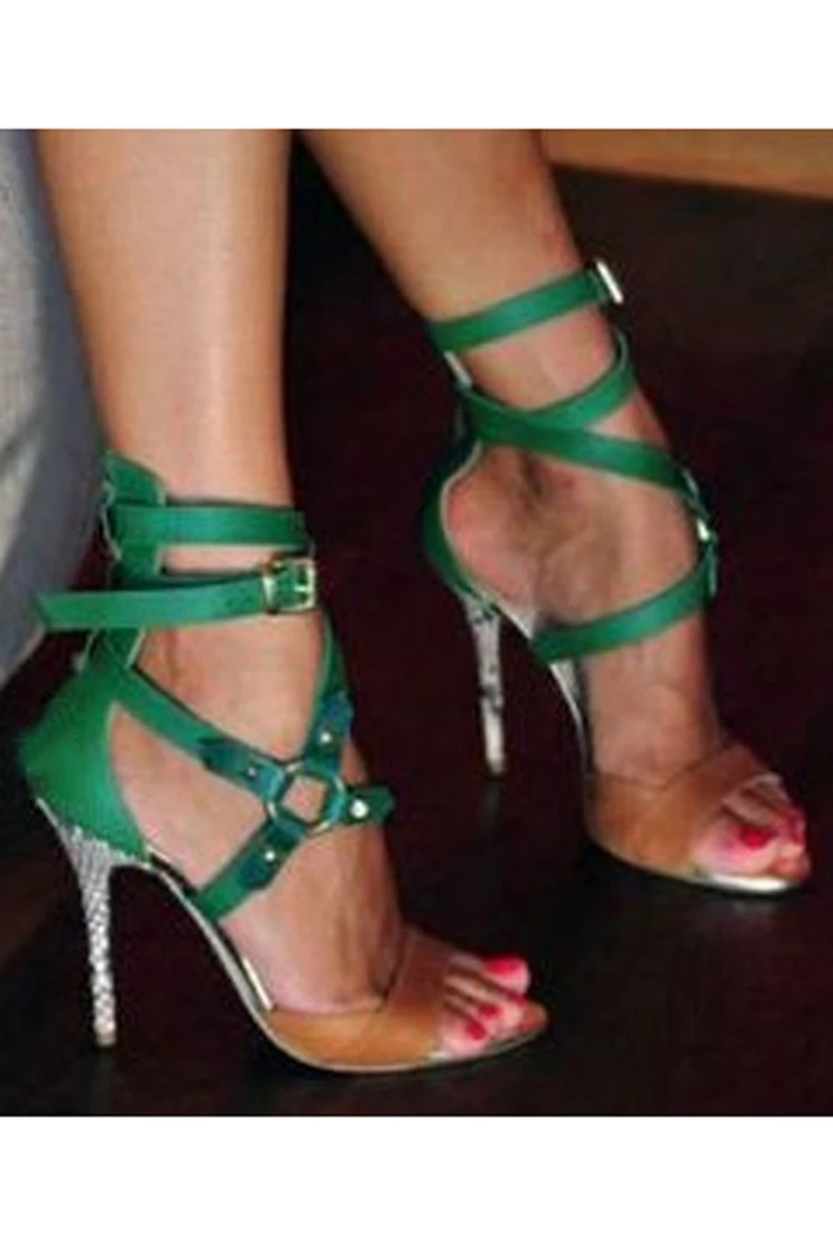 Sexy tiras verdes fivela cruzada sandálias de salto fino feminino peep toe cor misturada sandália mulher cortar roupa vestido sapatos