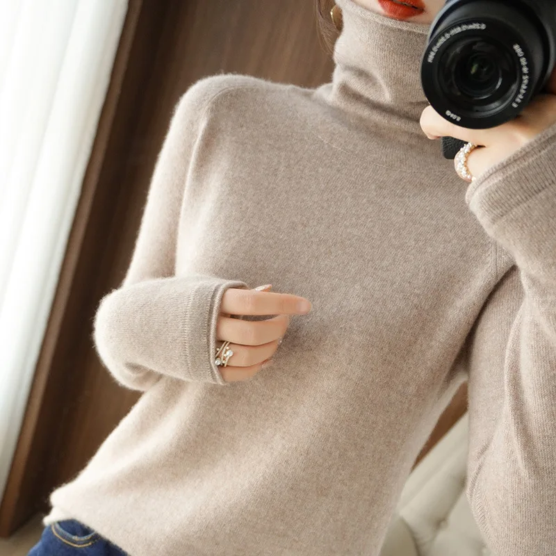 Jesienno-zimowe swetry damskie z golfem z długim rękawem Solid Slim Fit Basic Knit Tops Warm Bottoming Shirts High Strecth Pullovers
