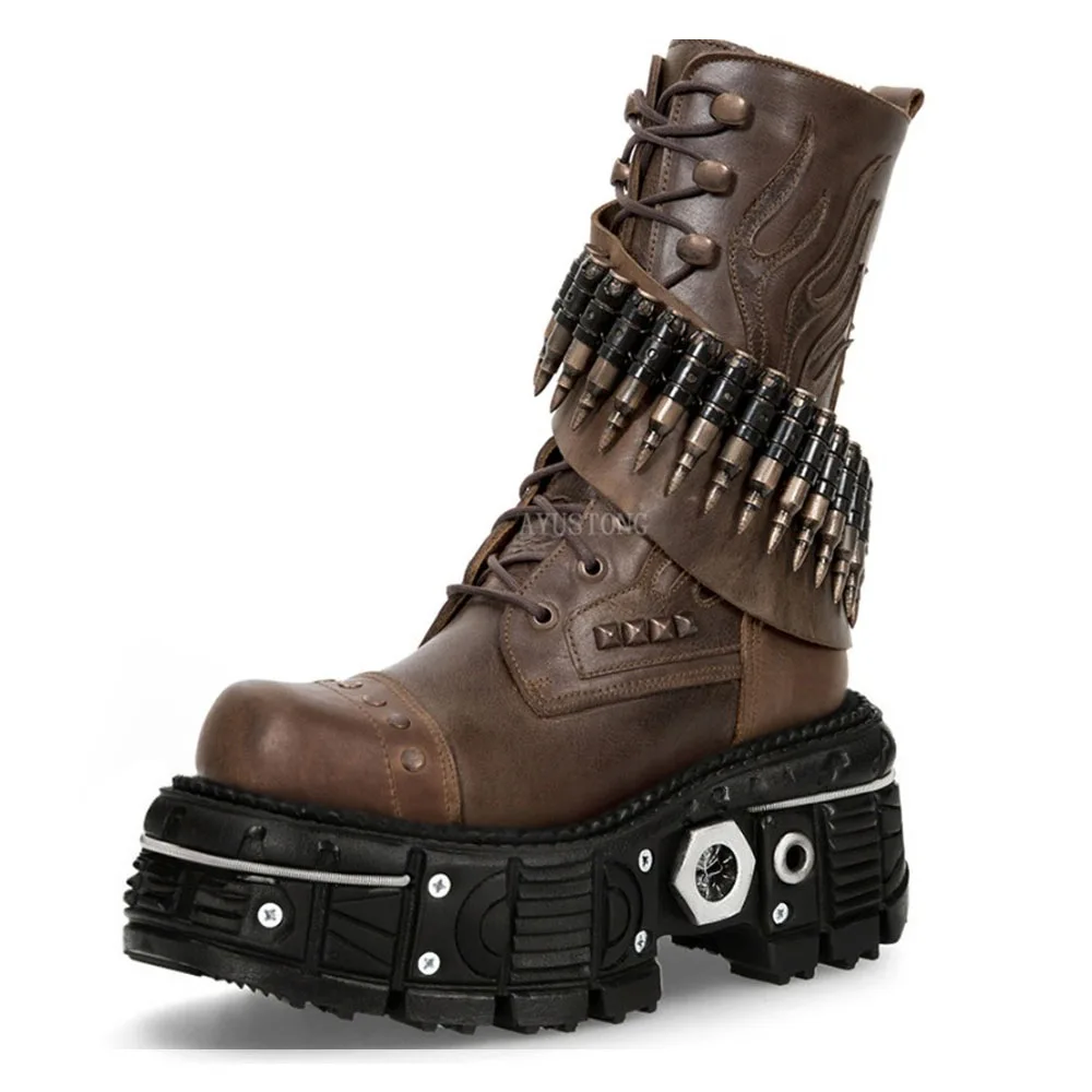 Fashion New Thick Sole Rivet Bullet Genuine Leather Motorcycle Boots Street Rock Combat Boots Goth Punk Western Riding Boots
