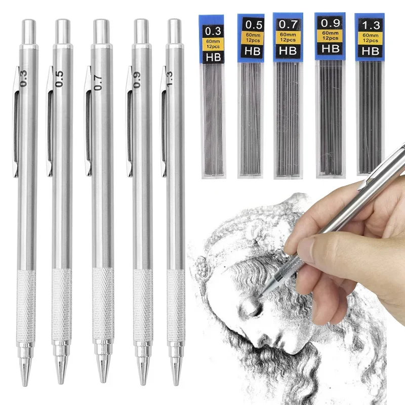 Metal Mechanical Pencils Kit with Lead Refills Student Writing Drafting Art Supplie 0.3/0.5/0.7/0.9/1.3/2.0mm Automatic Pencil