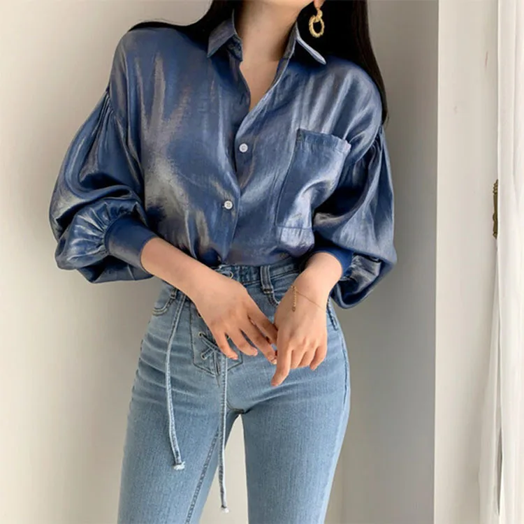 Women Blouses Shirts Purple Lantern Sleeve Shirt Y2k Tops Single Breasted Streetwear Sleeve Slim Autumn Spring Elegant Top Shirt