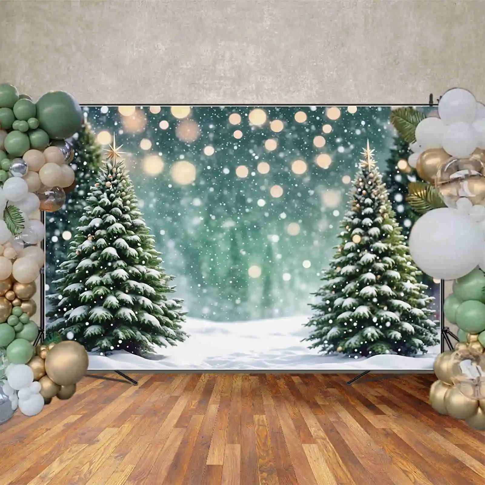 MOON.QG Snow Winter Green Backdrops Christmas Children Outdoor Pine Trees Field Backgrounds Custom Party Decor Photo Shoot Props