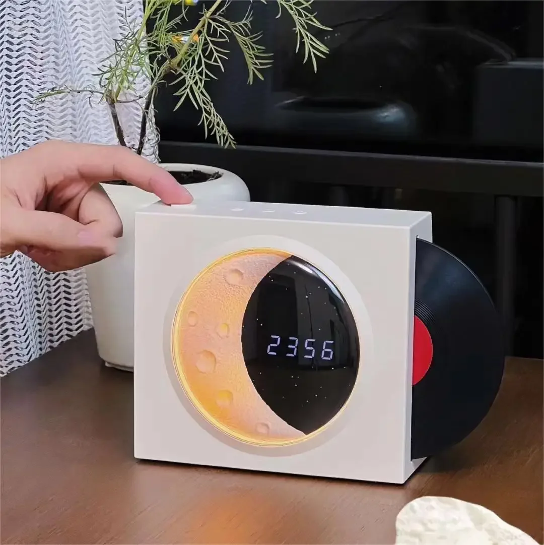 

Retro CD Design Blue Tooth Speaker Desktop Digital Clock Half Moon Starry Atmosphere Night Light BT Speaker