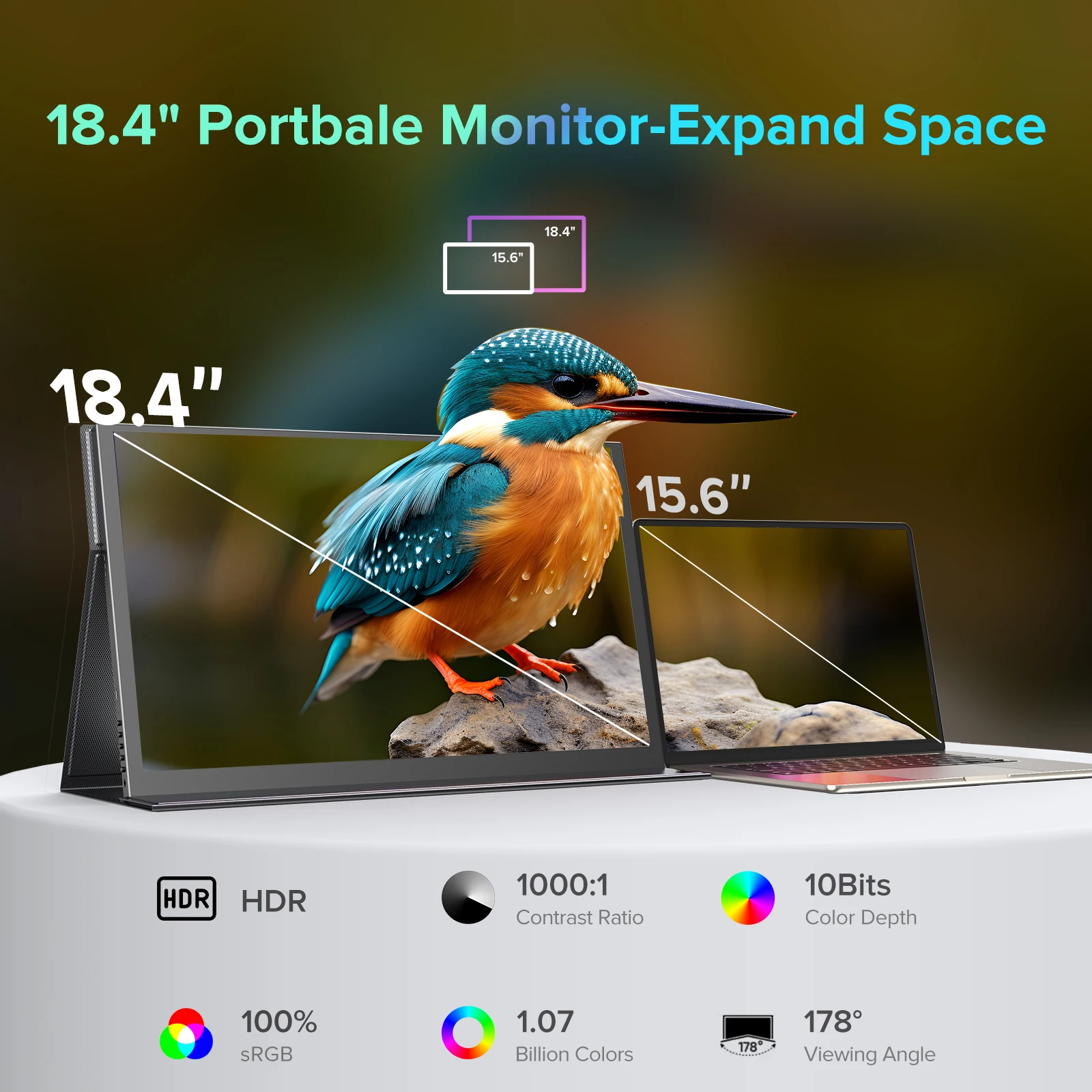 شاشة UPERFECT 4K المحمولة مقاس 18.4 بوصة بدقة 3840 × 2160 UHD USB-C HDMI FreeSync HDR شاشة كمبيوتر خارجية شاشة ثانية للسفر مع غطاء مكبرات صوت VESA