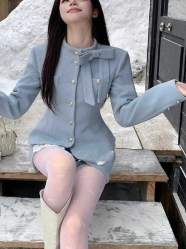 الفرنسية أنيقة القوس قطعتين مجموعة النساء الخريف الشتاء الدانتيل المرقعة مزدوجة الصدر سترة وتنورة خط الزي الحلو شيك