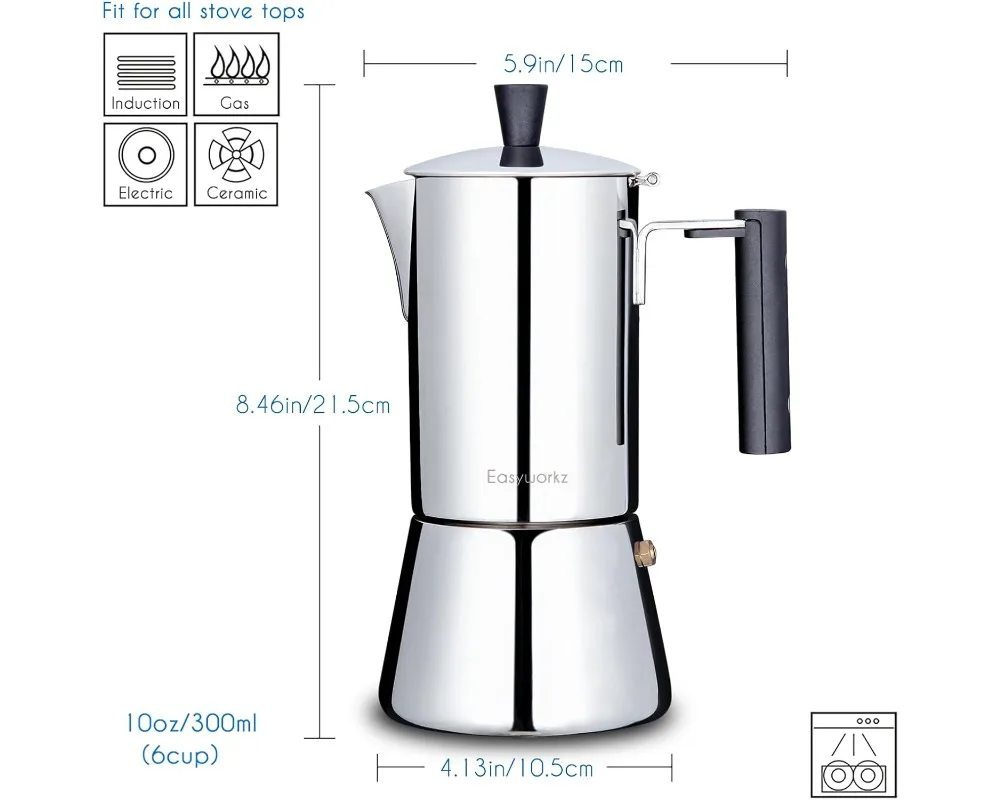 Edelstahl-Espressomaschine mit Moka-Kanne für 6 Tassen, 300 ml induktionskompatible italienische Kaffeemaschine