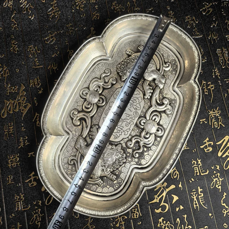 Crafts Antique Bronze Silver-Plated Double Lion Plate Vintage Plate Relief Dish Miscellaneous Crafts Ornament