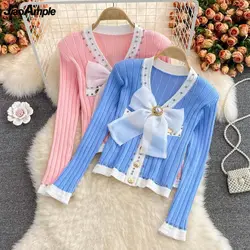 Women Spring Autumn Graceful Big Bowknot Sweater Cardigan Korean Lady Sweet Pink Knit Jackets 2023 New Elegant Knitwear Female